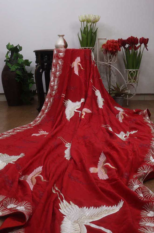 Red Hand Embroidered Parsi Gara Pure Crepe Saree With Hand Painted Design - Luxurion World