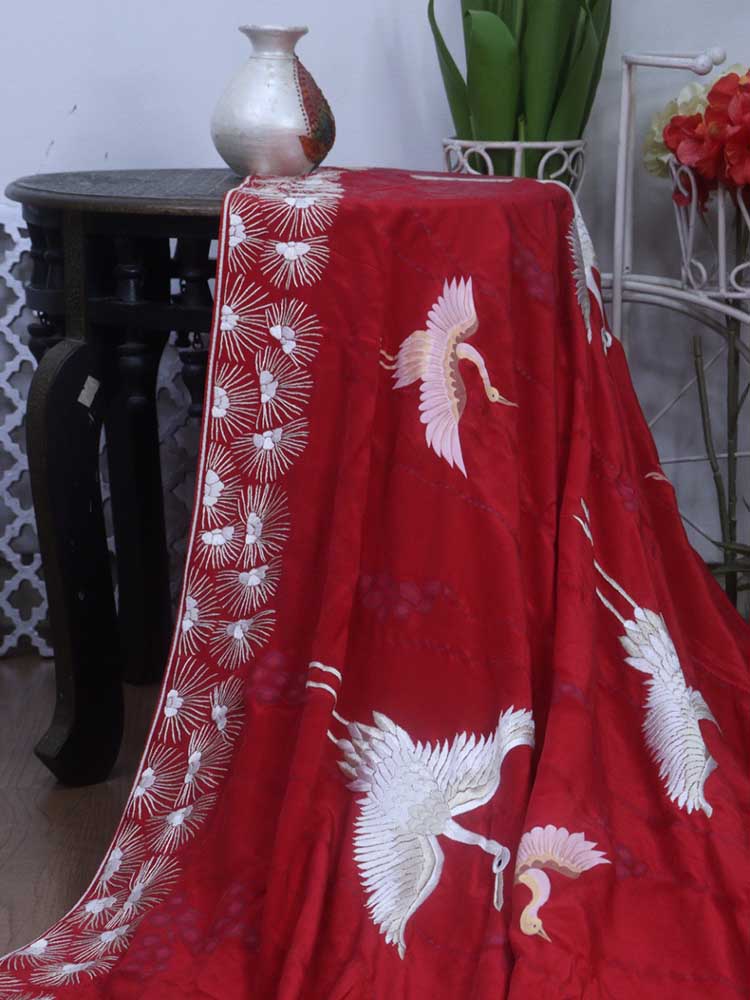 Red Hand Embroidered Parsi Gara Pure Crepe Saree With Hand Painted Design - Luxurion World