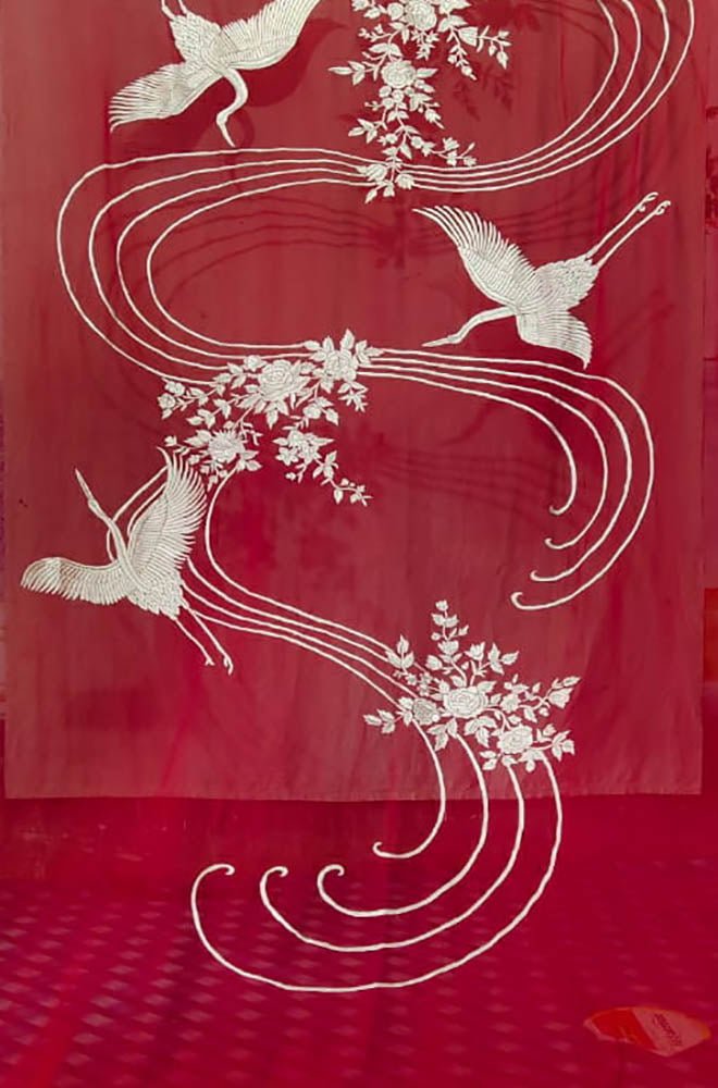 Red Hand Embroidered Parsi Gara Pure Georgette Bird Design Saree - Luxurion World