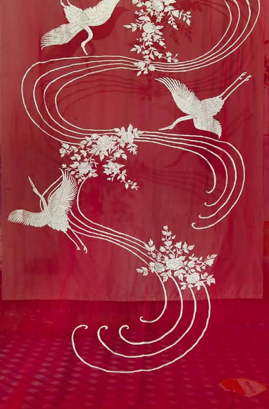 Red Hand Embroidered Parsi Gara Pure Georgette Bird Design Saree - Luxurion World