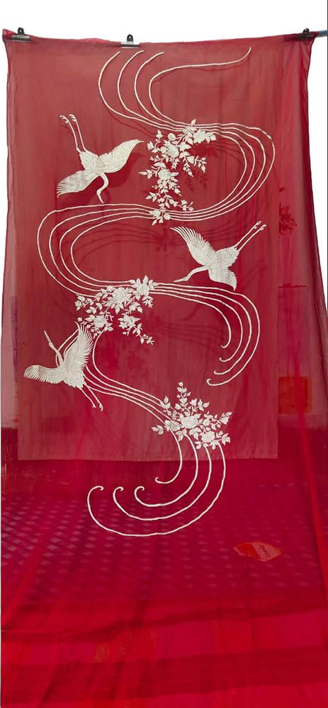 Red Hand Embroidered Parsi Gara Pure Georgette Bird Design Saree - Luxurion World