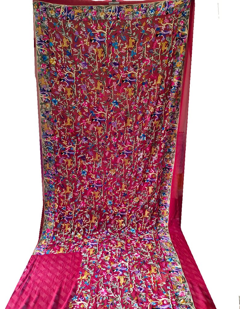 Red Hand Embroidered Parsi Gara Pure Georgette Floral Design Saree - Luxurion World