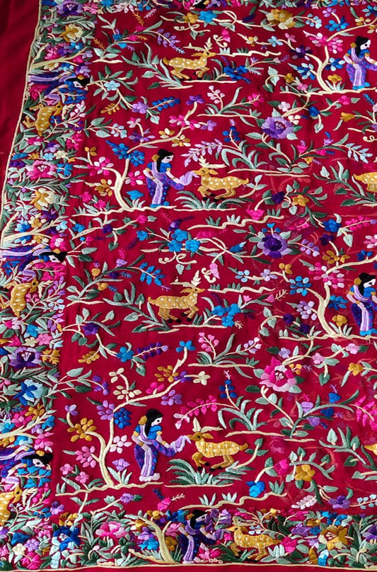 Red Hand Embroidered Parsi Gara Pure Georgette Floral Design Saree - Luxurion World