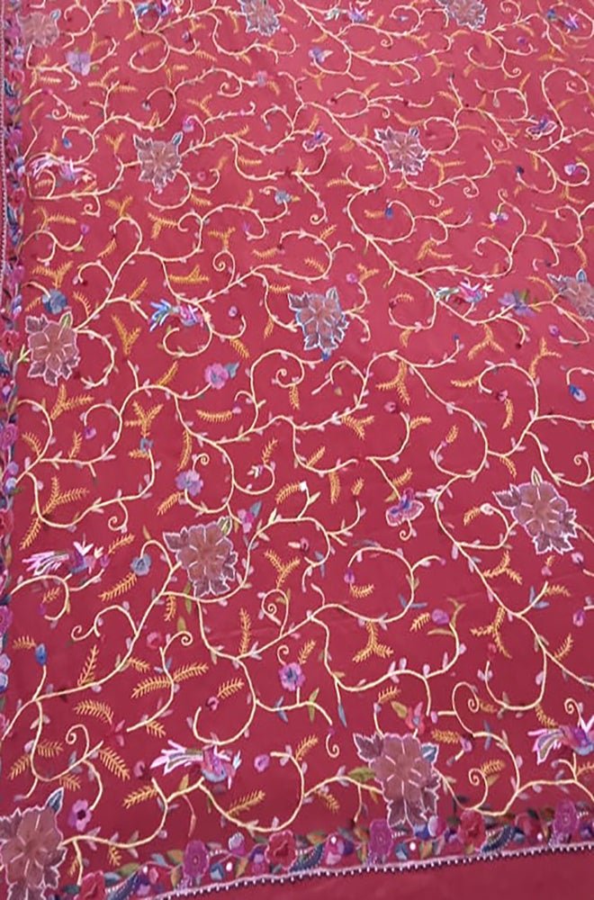 Red Hand Embroidered Parsi Gara Pure Georgette Flower Design Saree