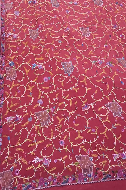 Red Hand Embroidered Parsi Gara Pure Georgette Flower Design Saree