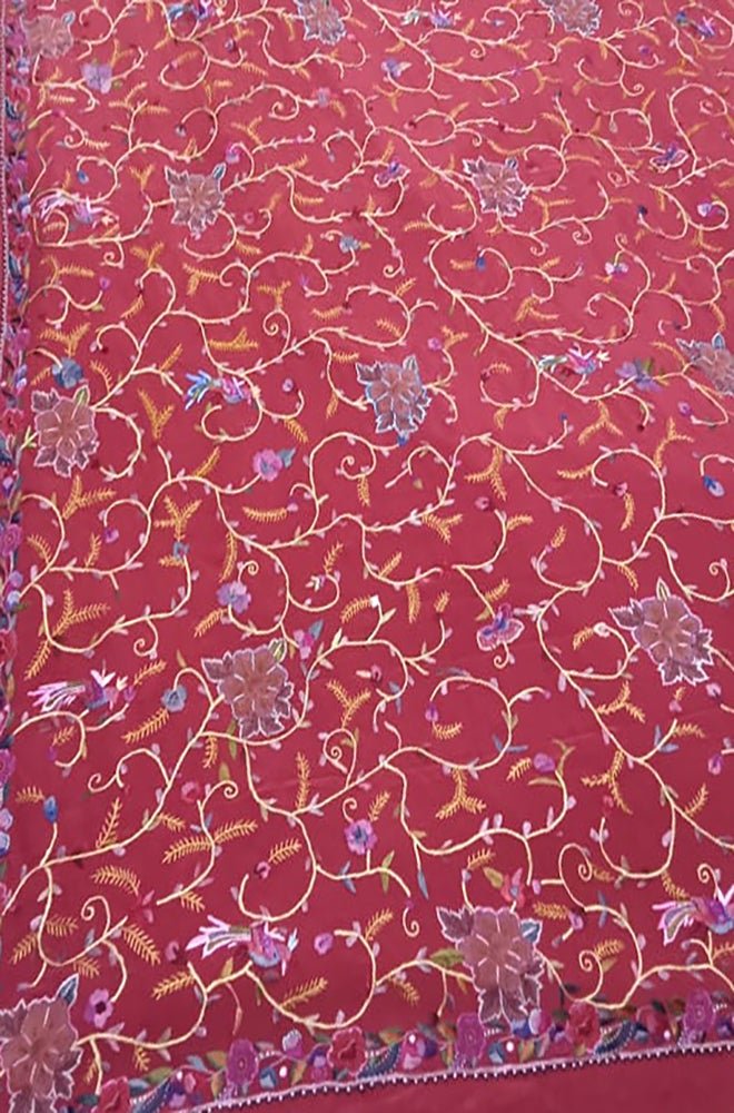 Red Hand Embroidered Parsi Gara Pure Georgette Flower Design Saree - Luxurion World