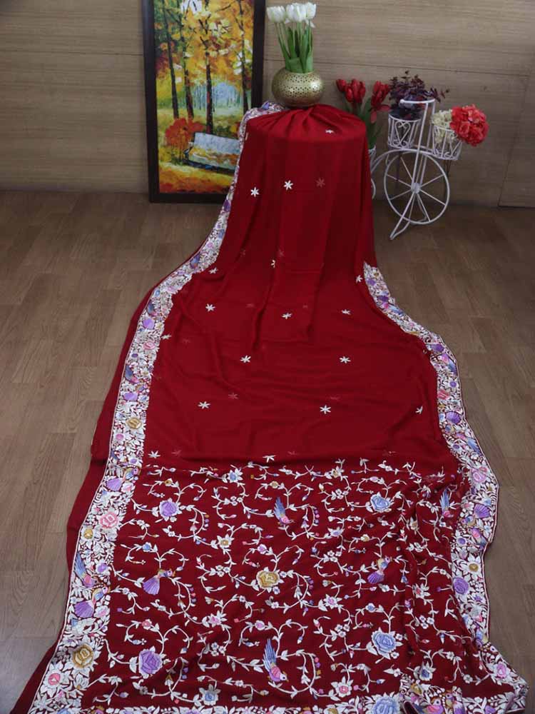 Red Hand Embroidered Parsi Gara Pure Georgette Saree - Luxurion World