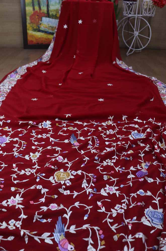 Red Hand Embroidered Parsi Gara Pure Georgette Saree - Luxurion World