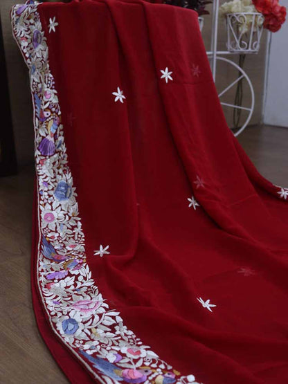 Red Hand Embroidered Parsi Gara Pure Georgette Saree - Luxurion World