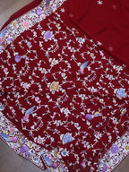 Red Hand Embroidered Parsi Gara Pure Georgette Saree - Luxurion World