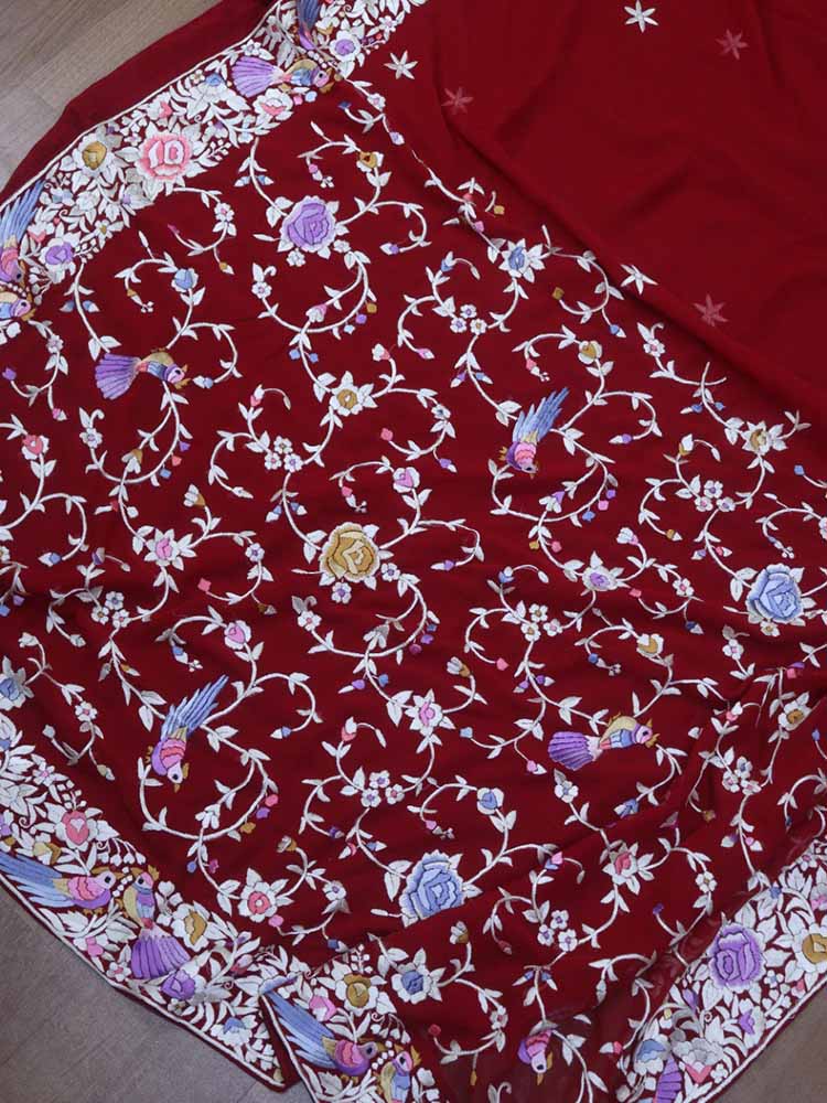 Red Hand Embroidered Parsi Gara Pure Georgette Saree - Luxurion World