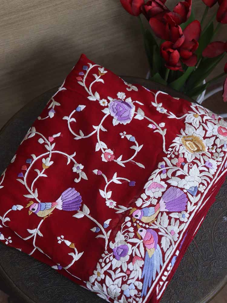 Red Hand Embroidered Parsi Gara Pure Georgette Saree - Luxurion World