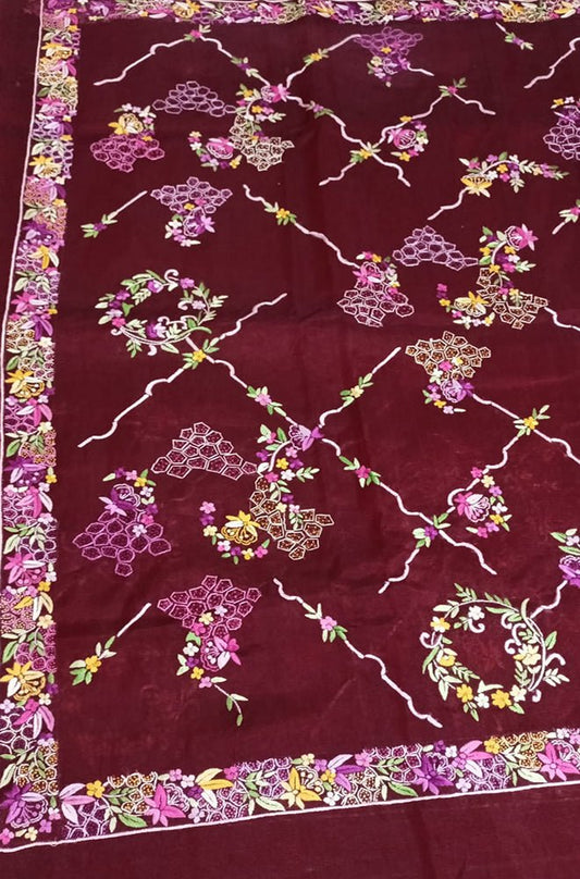 Red Hand Embroidered Parsi Gara Pure Organza Floral Design Saree - Luxurion World