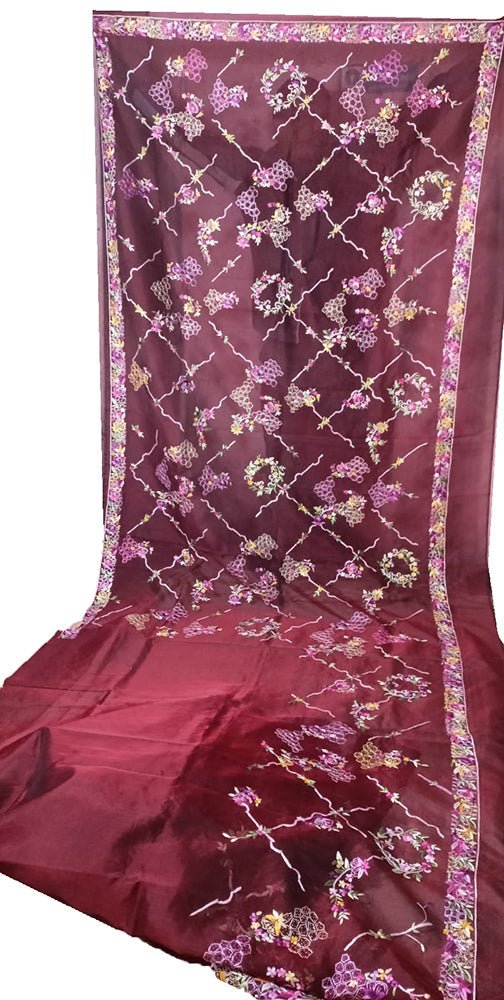 Red Hand Embroidered Parsi Gara Pure Organza Floral Design Saree - Luxurion World