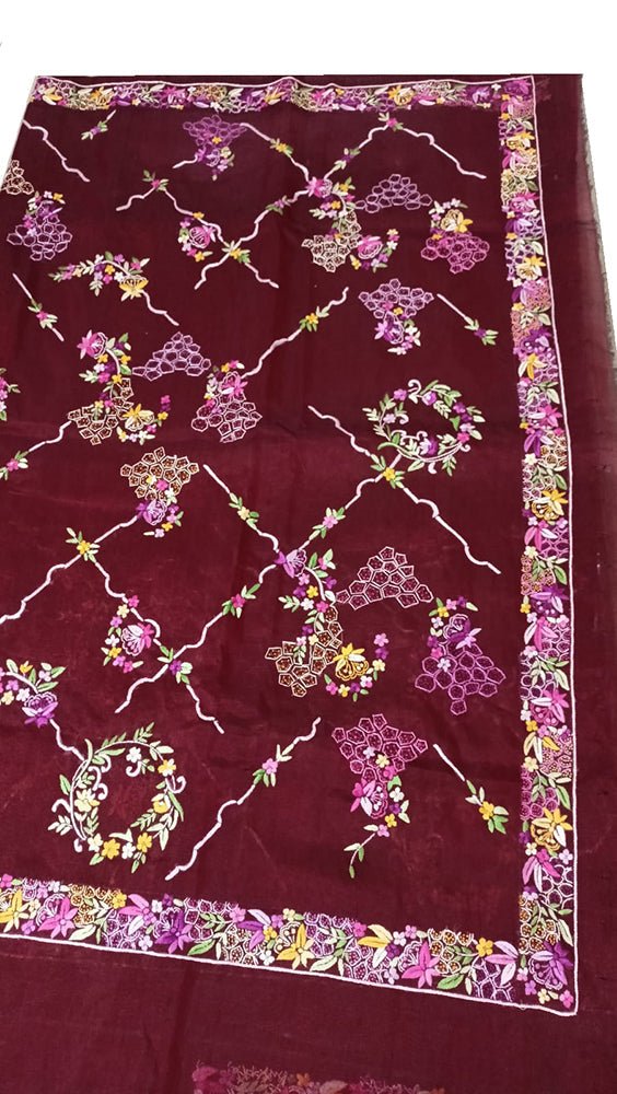 Red Hand Embroidered Parsi Gara Pure Organza Floral Design Saree