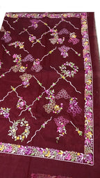 Red Hand Embroidered Parsi Gara Pure Organza Floral Design Saree - Luxurion World