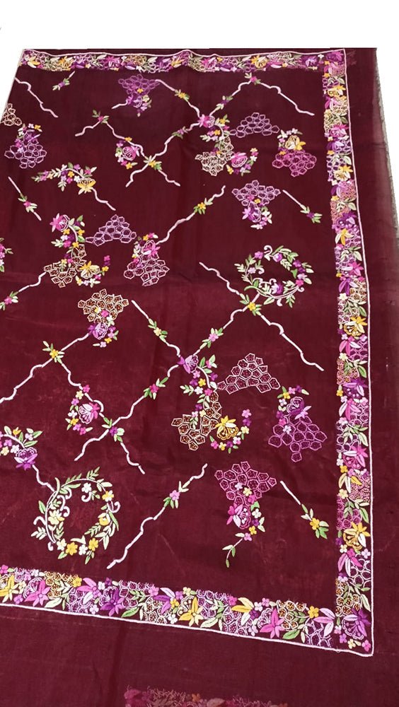 Red Hand Embroidered Parsi Gara Pure Organza Floral Design Saree - Luxurion World