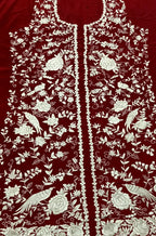 Red Hand Embroidered Parsi Work Pure Crepe Unstitched Jacket - Luxurion World