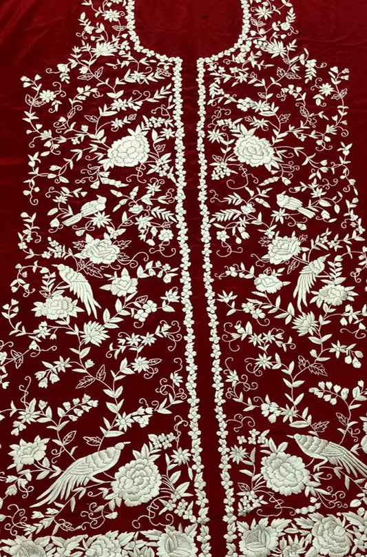 Red Hand Embroidered Parsi Work Pure Crepe Unstitched Jacket - Luxurion World