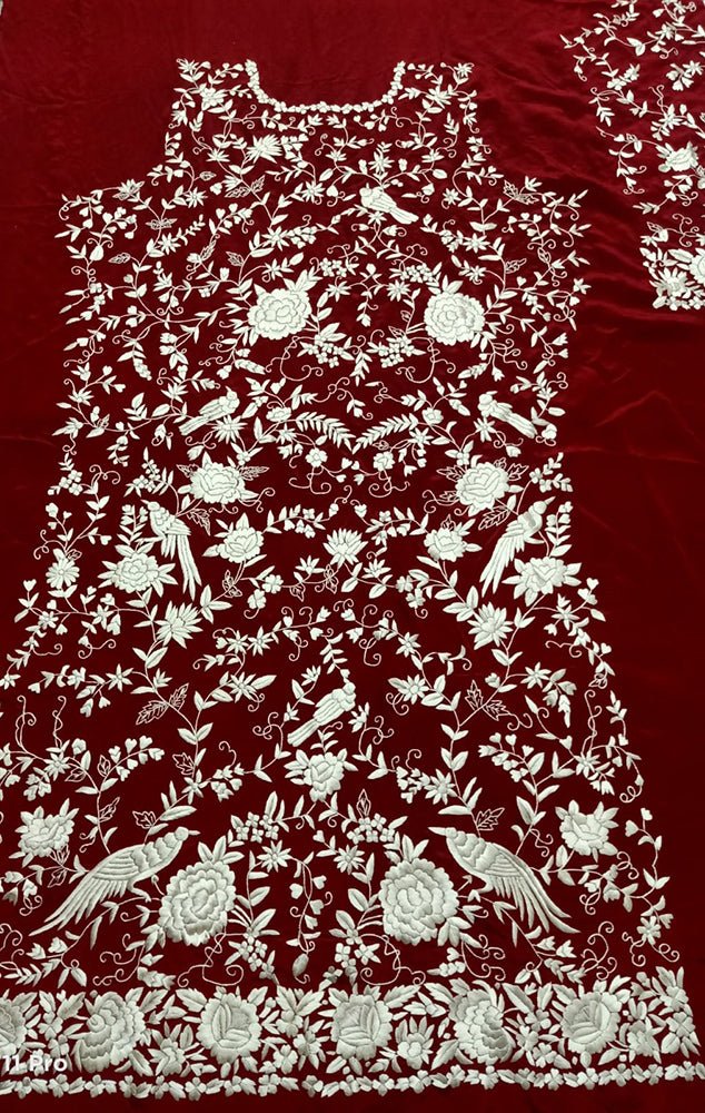Red Hand Embroidered Parsi Work Pure Crepe Unstitched Jacket - Luxurion World