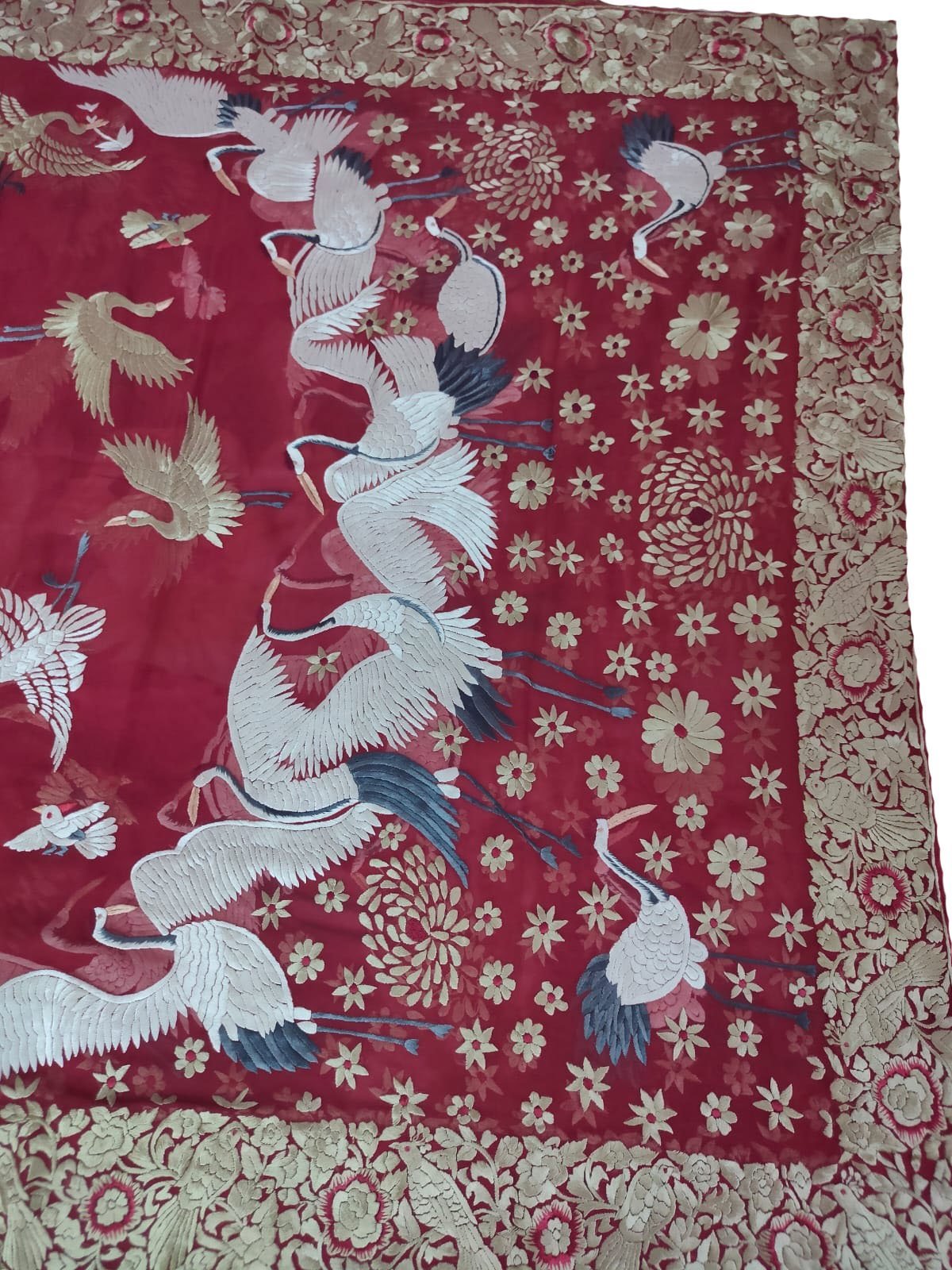 Red Hand Embroidered Parsi Work Pure Georgette Dupatta - Luxurion World