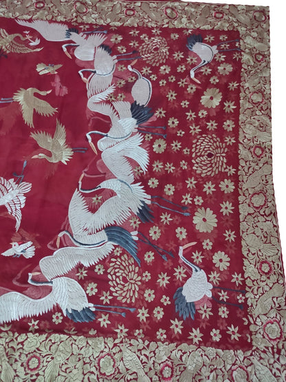 Red Hand Embroidered Parsi Work Pure Georgette Dupatta - Luxurion World