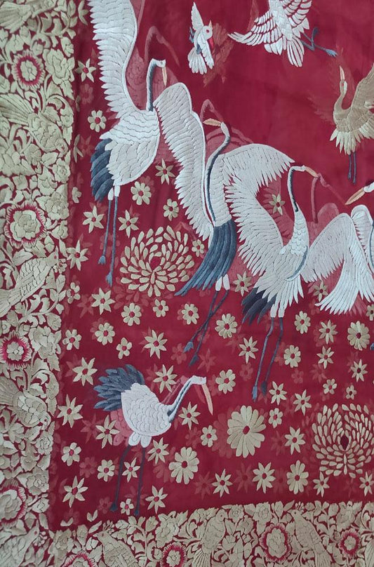 Red Hand Embroidered Parsi Work Pure Georgette Dupatta - Luxurion World