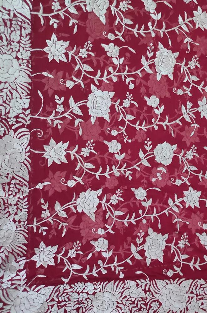 Red Hand Embroidered Parsi Work Pure Georgette Dupatta - Luxurion World