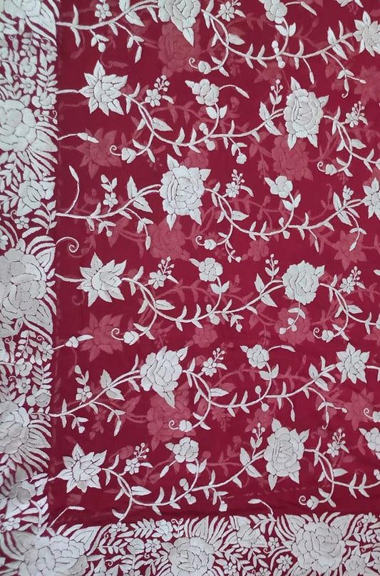 Red Hand Embroidered Parsi Work Pure Georgette Dupatta - Luxurion World