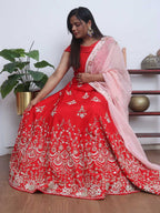 Red Hand Embroidered Zardozi Raw Silk Sequins And Bead Work Semi Stitched Lehenga Set - Luxurion World