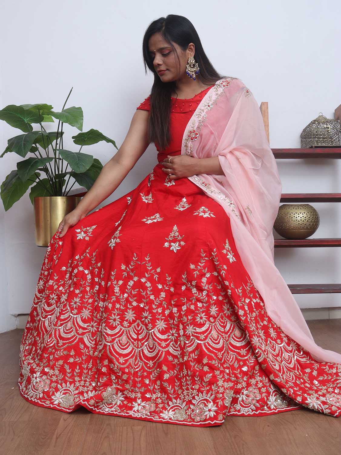 Red Hand Embroidered Zardozi Raw Silk Sequins And Bead Work Semi Stitched Lehenga Set - Luxurion World