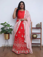 Red Hand Embroidered Zardozi Raw Silk Sequins And Bead Work Semi Stitched Lehenga Set - Luxurion World