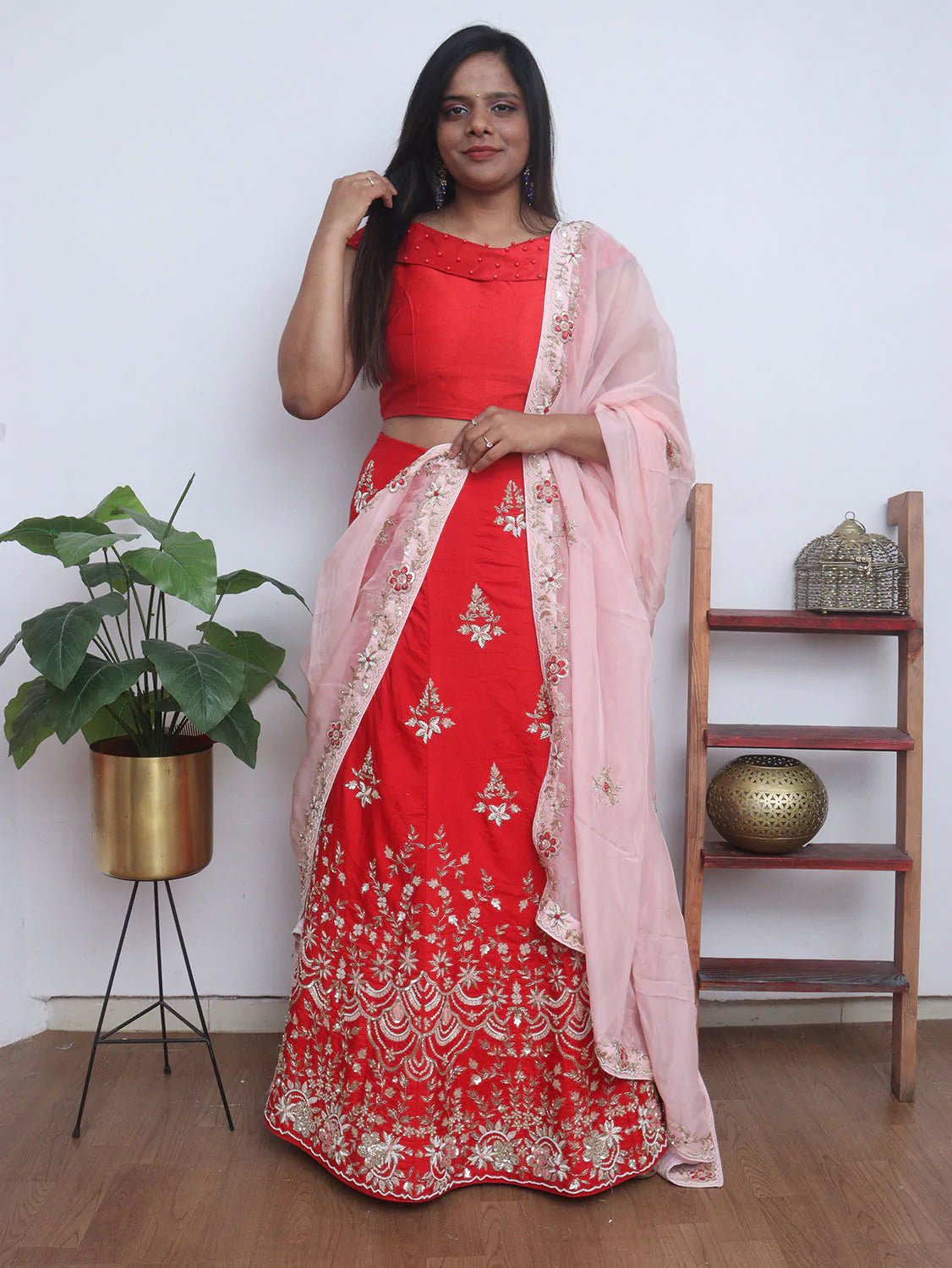Red Hand Embroidered Zardozi Raw Silk Sequins And Bead Work Semi Stitched Lehenga Set - Luxurion World