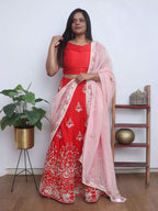 Red Hand Embroidered Zardozi Raw Silk Sequins And Bead Work Semi Stitched Lehenga Set - Luxurion World