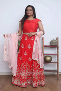 Red Hand Embroidered Zardozi Raw Silk Sequins And Bead Work Semi Stitched Lehenga Set - Luxurion World