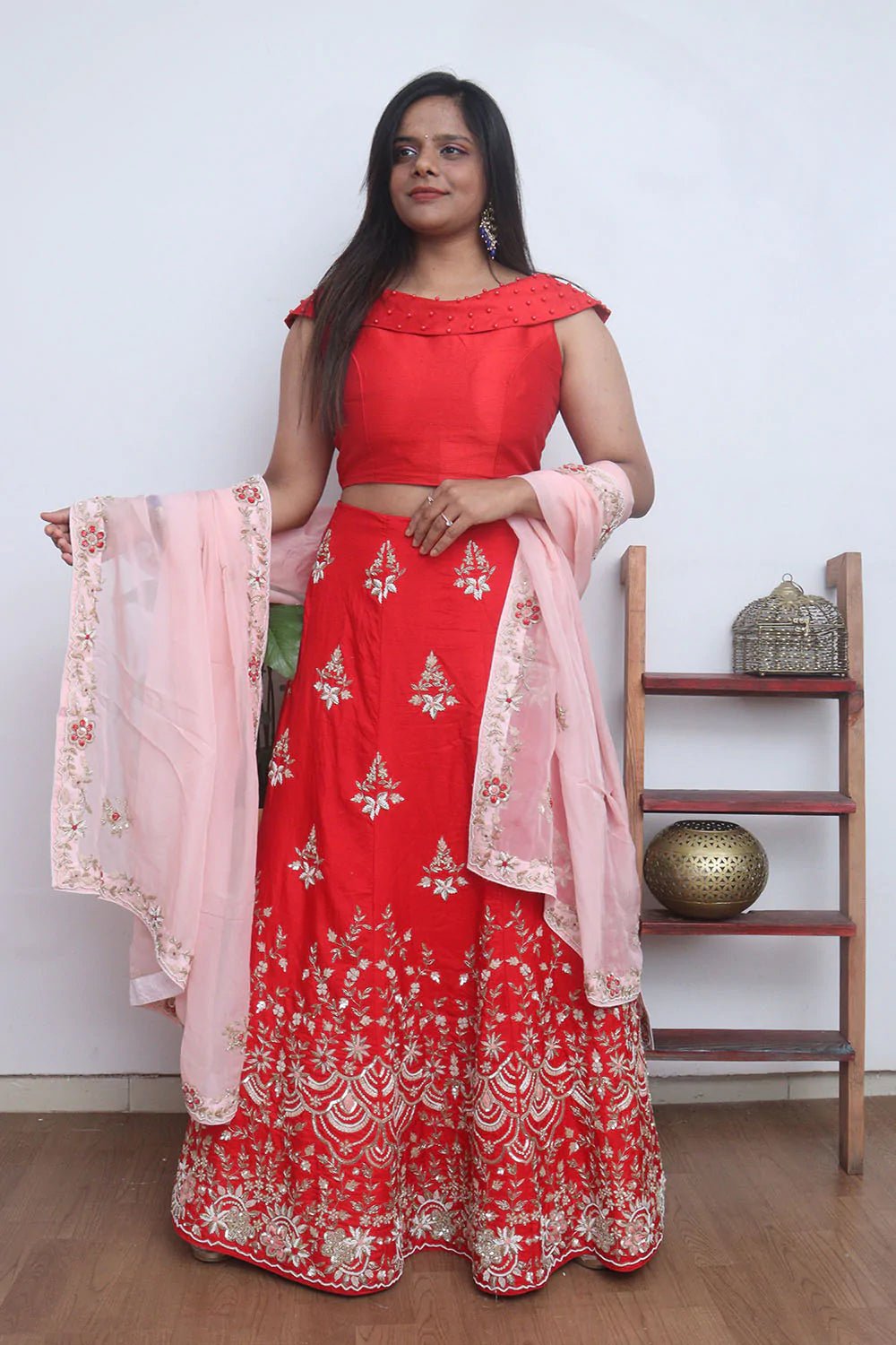 Red Hand Embroidered Zardozi Raw Silk Sequins And Bead Work Semi Stitched Lehenga Set - Luxurion World