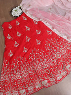 Red Hand Embroidered Zardozi Raw Silk Sequins And Bead Work Semi Stitched Lehenga Set - Luxurion World
