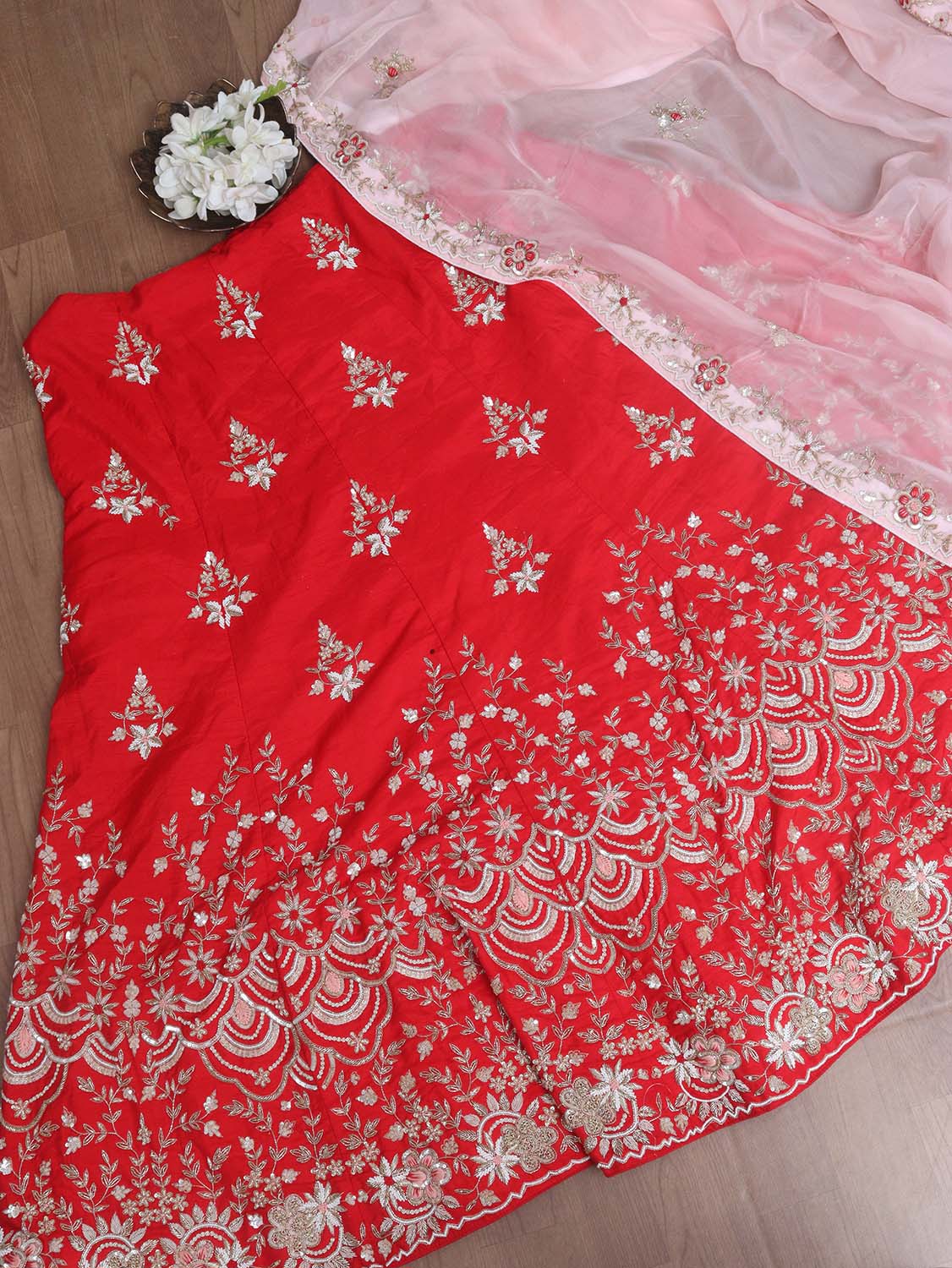 Red Hand Embroidered Zardozi Raw Silk Sequins And Bead Work Semi Stitched Lehenga Set - Luxurion World