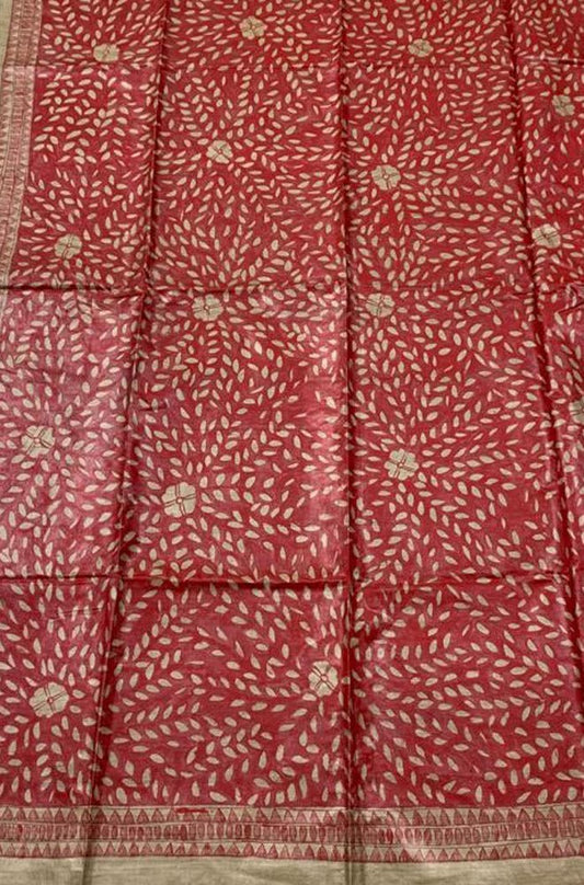 Red Hand Painted Madhubani Tussar Silk Saree - Luxurion World