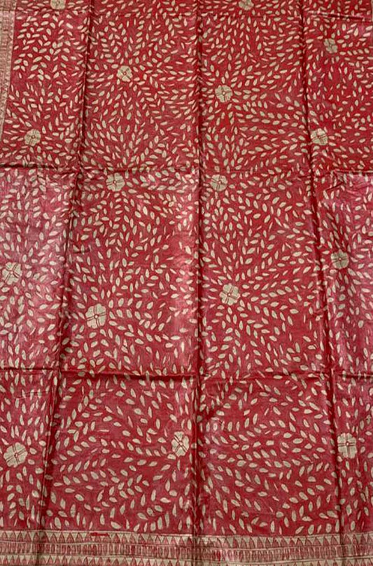Red Hand Painted Madhubani Tussar Silk Saree - Luxurion World