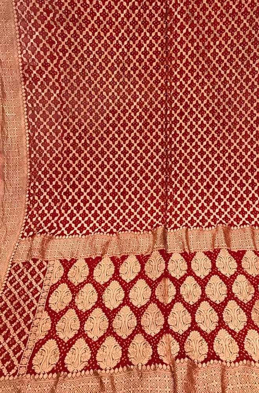 Red Handloom Banarasi Bandhani Pure Georgette Neemzari Saree - Luxurion World