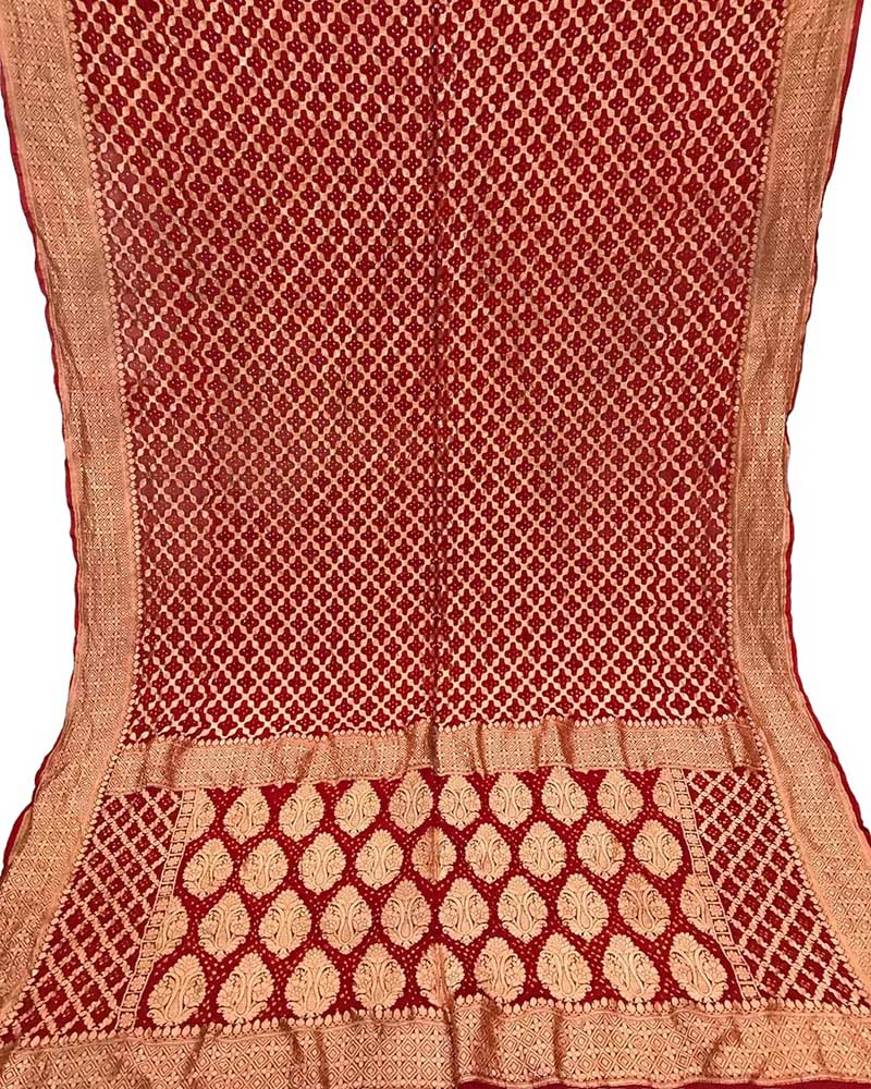 Red Handloom Banarasi Bandhani Pure Georgette Neemzari Saree - Luxurion World