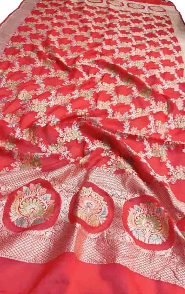 Red Handloom Banarasi Brush Dye Pure Georgette Dupatta - Luxurion World