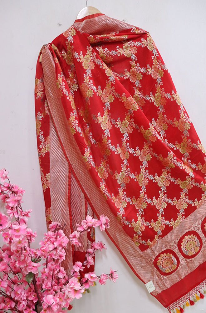 Red Handloom Banarasi Brush Dye Pure Georgette Dupatta - Luxurion World