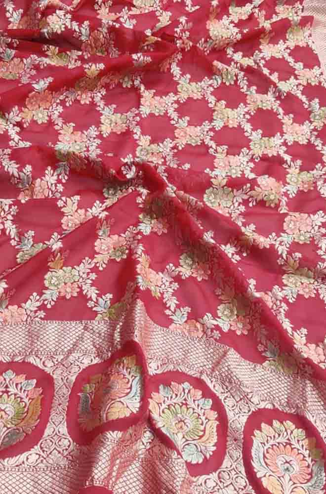 Red Handloom Banarasi Brush Dye Pure Georgette Dupatta - Luxurion World