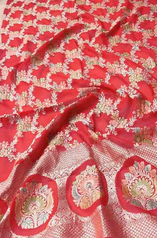 Red Handloom Banarasi Brush Dye Pure Georgette Dupatta - Luxurion World