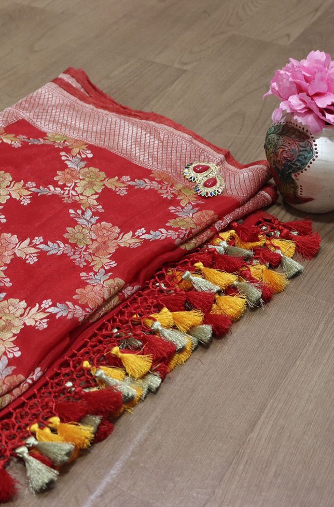 Red Handloom Banarasi Brush Dye Pure Georgette Dupatta - Luxurion World