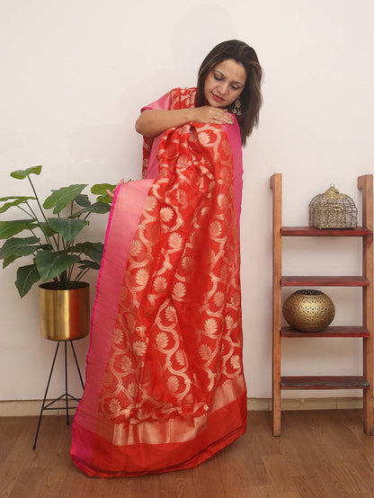 Red Handloom Banarasi Pure Silk By Georgette Dupatta - Luxurion World