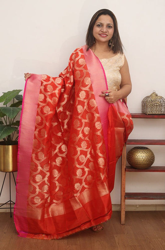 Red Handloom Banarasi Pure Silk By Georgette Dupatta - Luxurion World