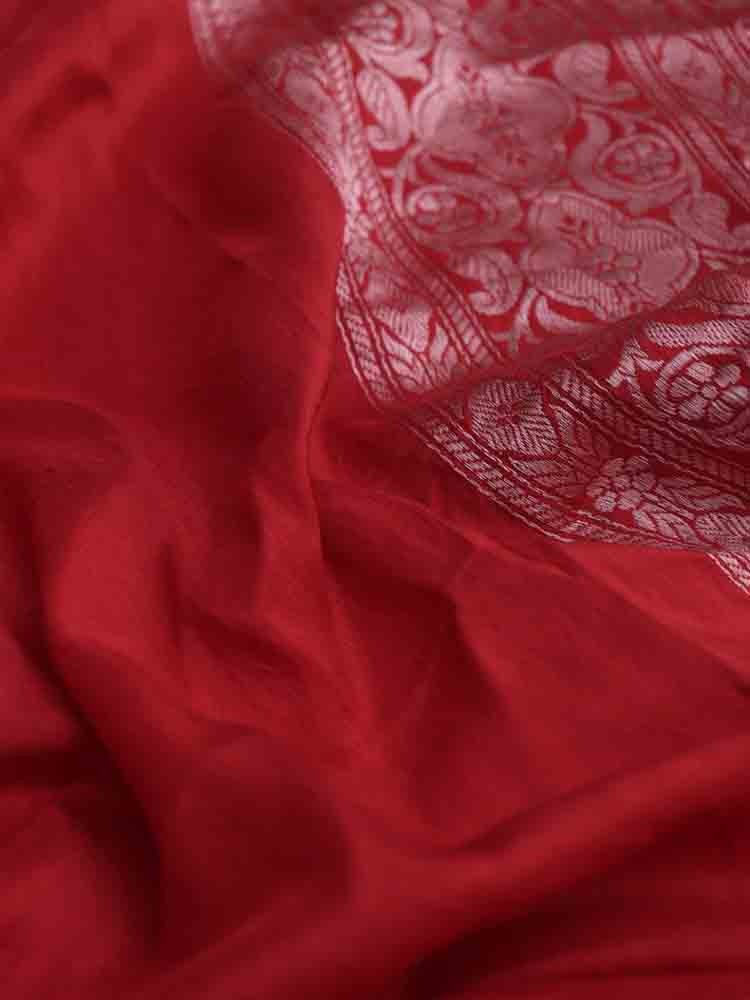 Red Handloom Banarasi Pure Katan Silk Fabric - Luxurion World